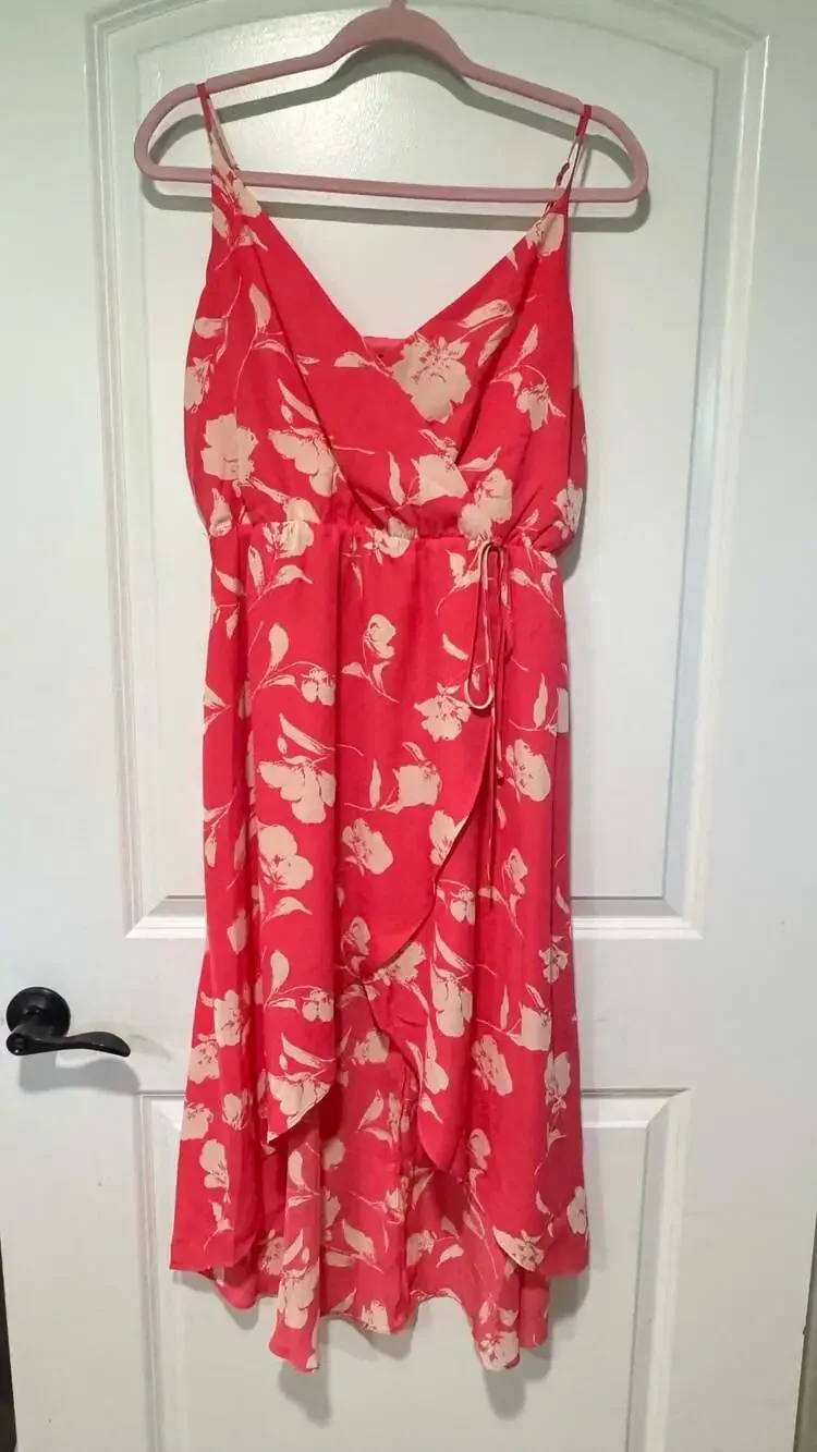 Barbiecore Pink Floral Wrap Midi Dress Coquette Cottagecore Vacation